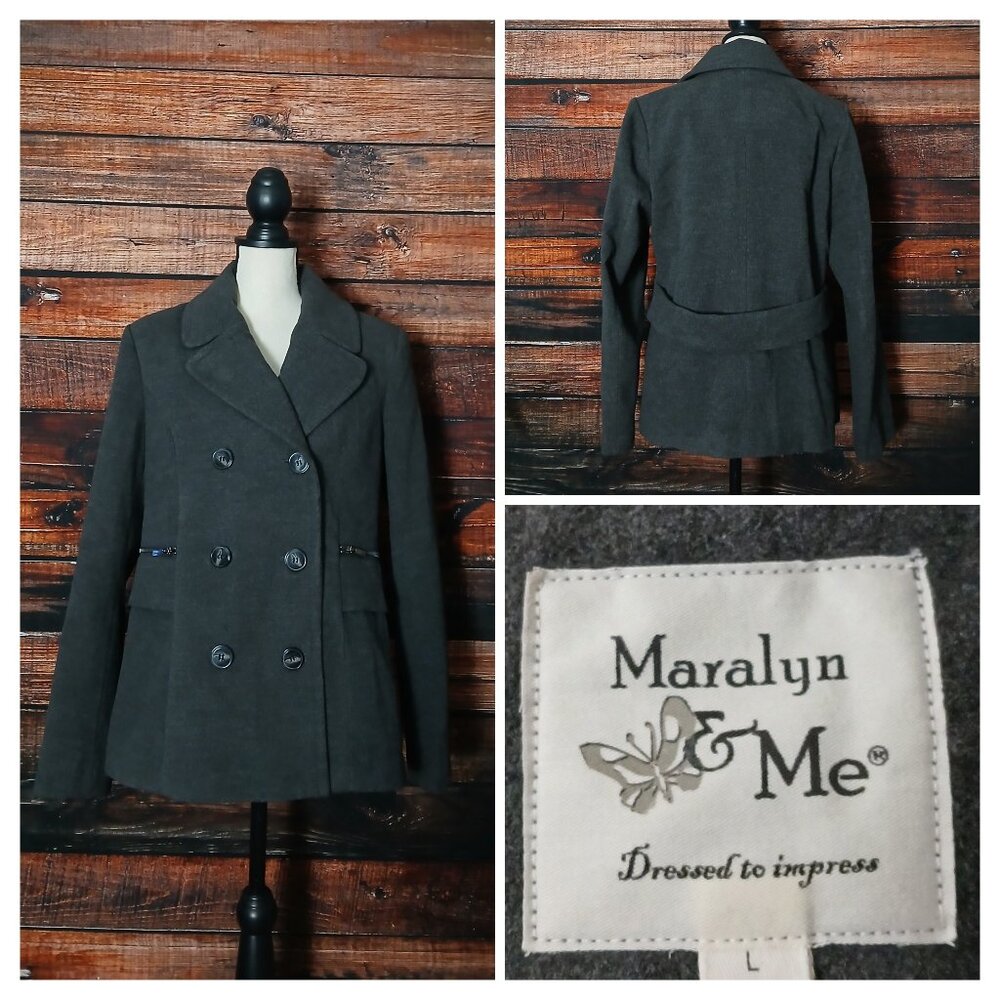 Maralyn and Me Pea Coat Juniors Large Double Breasted Gray Zipped Pockets Lined